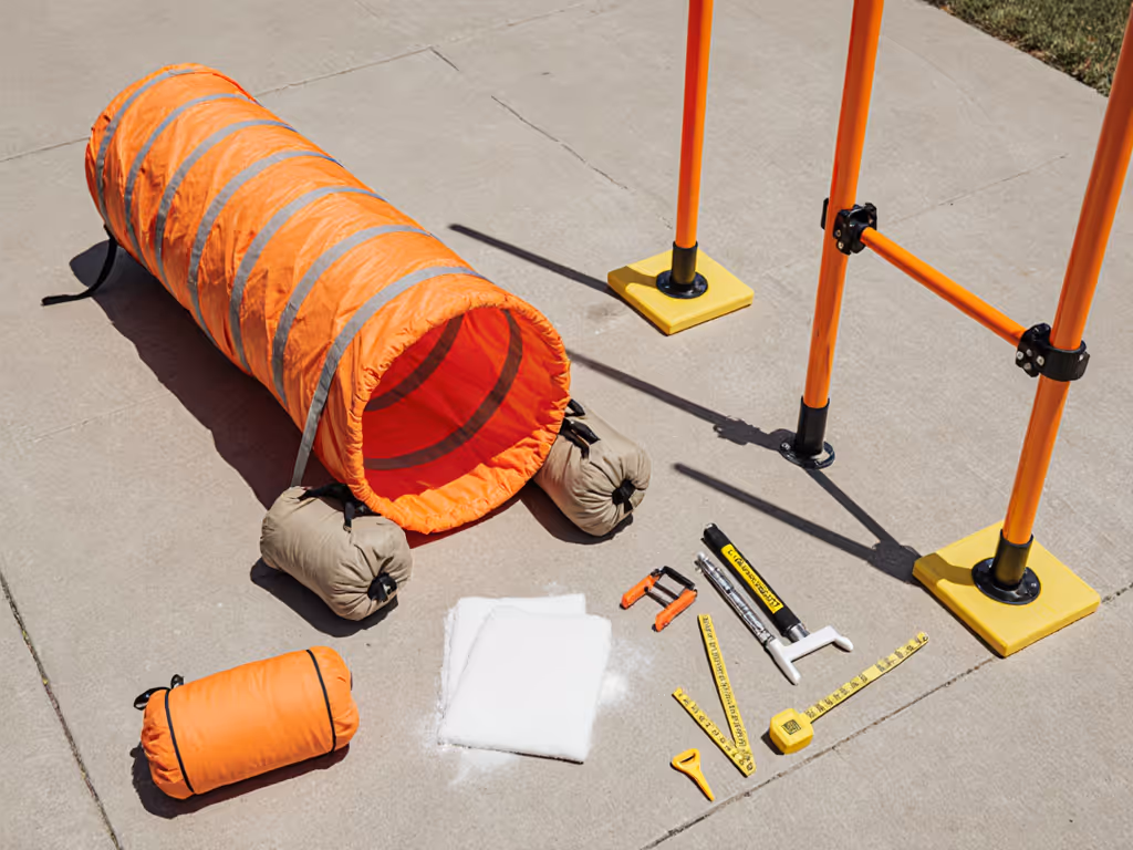 backyard_agility_course_safety_setup_showing_tunnel_bagging_and_jump_height_adjustments
