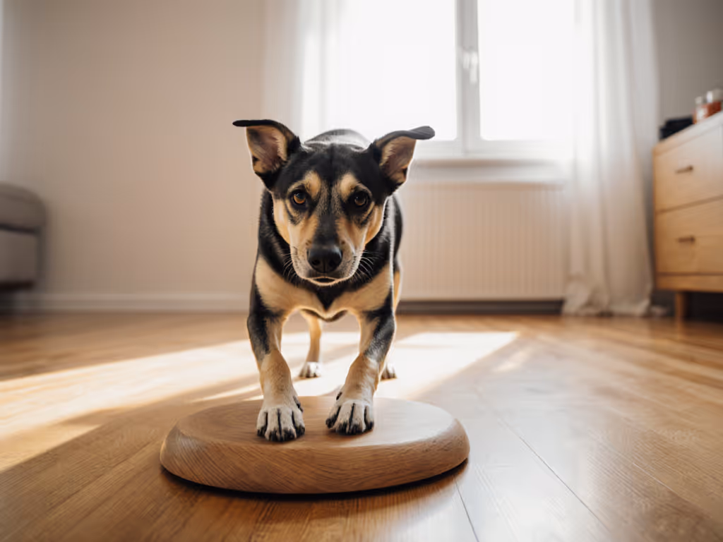dog_performing_controlled_balance_disc_exercise_on_hardwood_floor