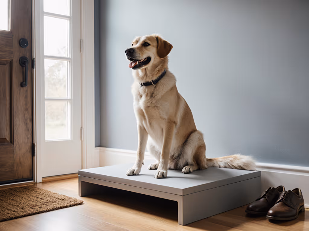 dog_on_klimb_platform_near_front_door_demonstrating_calm_behavior